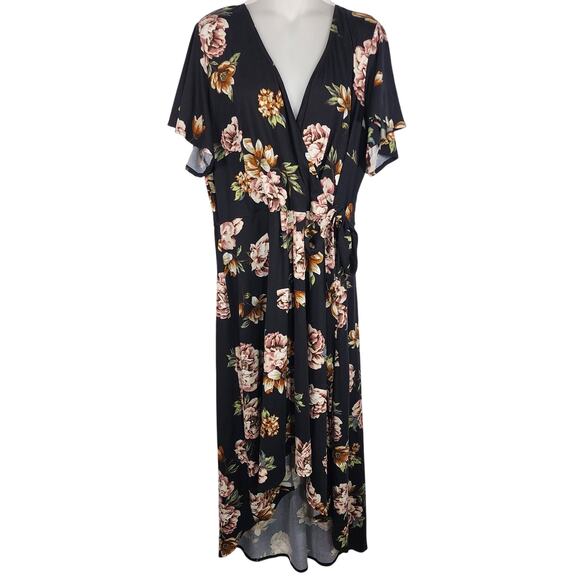 Fortune + Ivy Stitch Fix Women Brush Knit Maxi Wrap V Neck Dress 2X Black Floral - Picture 1 of 9